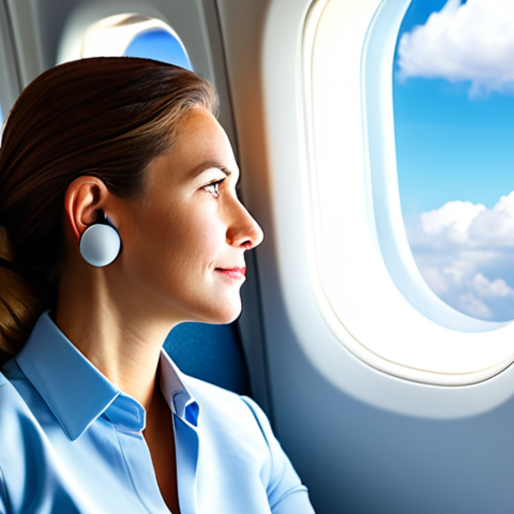 A professional adult traveler wearing discreet, pressure-regulating earplugs, sitting calmly in a modern airplane cabin seat. She is fully clothed in modest, stylish business casual attire, looking out the window with a serene expression. The background shows soft clouds. Safe for work, appropriate content, fully clothed, professional. Perfect anatomy, correct proportions, natural pose, well-formed hands, proper finger count, natural body proportions. High-quality professional photography, natural lighting, sharp focus.