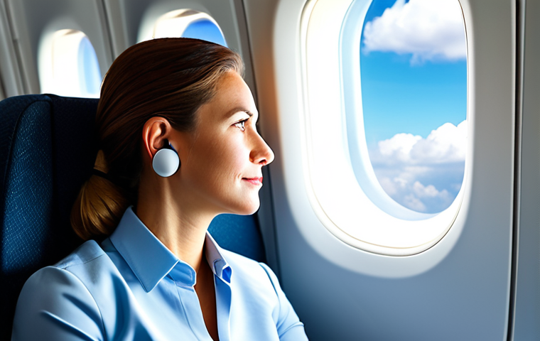A professional adult traveler wearing discreet, pressure-regulating earplugs, sitting calmly in a modern airplane cabin seat. She is fully clothed in modest, stylish business casual attire, looking out the window with a serene expression. The background shows soft clouds. Safe for work, appropriate content, fully clothed, professional. Perfect anatomy, correct proportions, natural pose, well-formed hands, proper finger count, natural body proportions. High-quality professional photography, natural lighting, sharp focus.