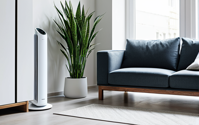 Modern Living Room with Air Purifier**

"A bright and airy modern living room, sunlight streaming through a window, a sleek air purifier standing discreetly in the corner. The room is clean and minimalist, featuring potted plants and a comfortable sofa. Family-friendly, safe for work, fully clothed people enjoying the space, appropriate content, professional interior design photography, high-resolution, perfect anatomy, natural proportions, well-formed hands. The scene should evoke a sense of calm and well-being."

**