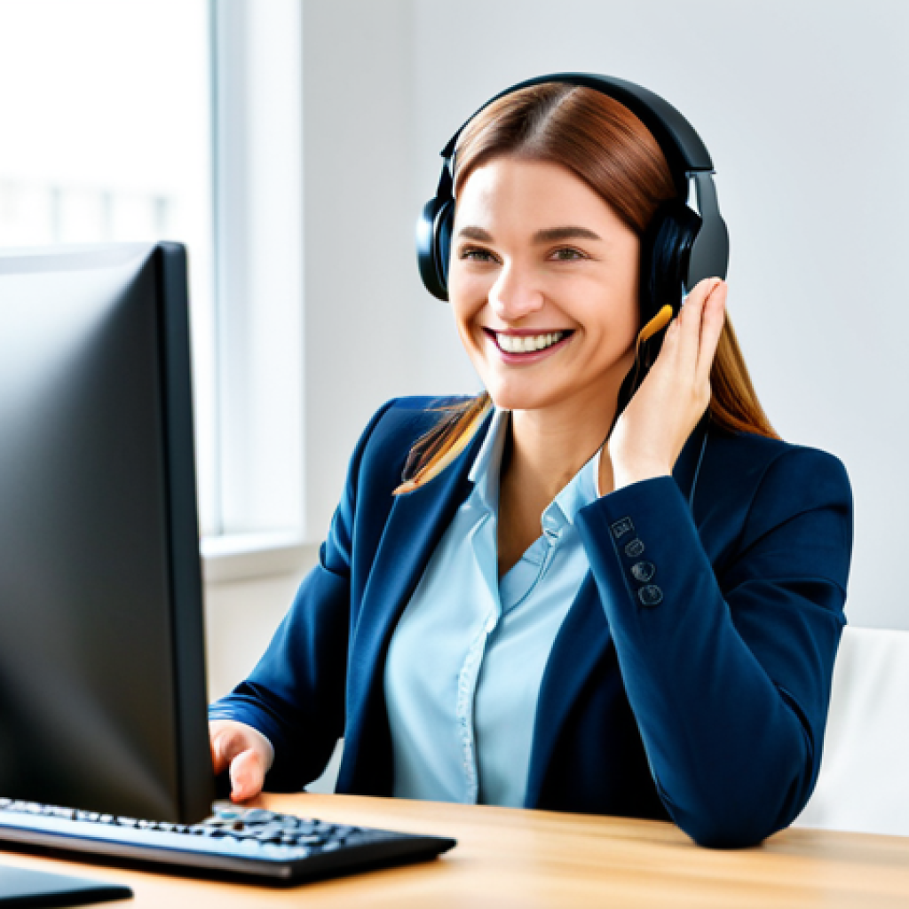 A woman in a modern office using noise-canceling headphones.**
"A professional woman with a friendly smile, wearing a modest business casual outfit, working at a bright, modern desk in a clean office environment, using noise-canceling headphones, fully clothed, appropriate attire, safe for work, perfect anatomy, correct proportions, natural pose, well-formed hands, proper finger count, natural body proportions, professional, family-friendly."
**