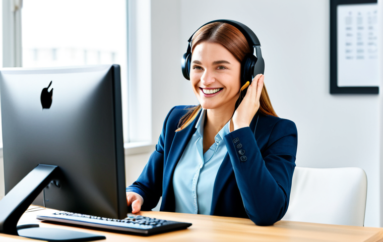A woman in a modern office using noise-canceling headphones.**
"A professional woman with a friendly smile, wearing a modest business casual outfit, working at a bright, modern desk in a clean office environment, using noise-canceling headphones, fully clothed, appropriate attire, safe for work, perfect anatomy, correct proportions, natural pose, well-formed hands, proper finger count, natural body proportions, professional, family-friendly."
**