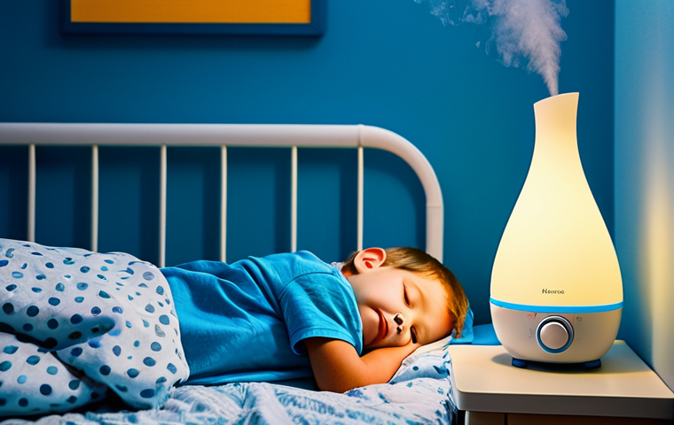 Humidifier in Child's Room**
"A child's bedroom at night, softly lit, with a cool-mist humidifier running on a bedside table, emitting a gentle glow. The room is cozy and inviting, with age-appropriate decorations. Fully clothed child asleep in bed. safe for work, appropriate content, fully clothed, professional photography, perfect anatomy, natural proportions, family-friendly"
**