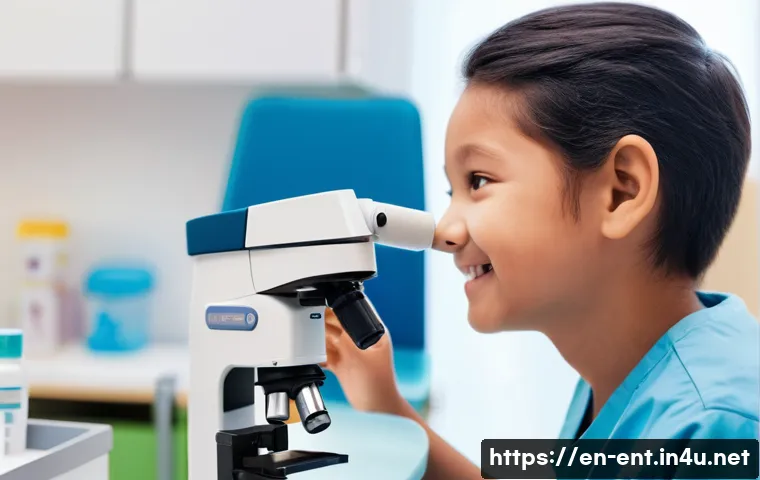 소아 귀지 제거 방법과 병원 추천 - A warm, softly lit pediatric clinic room where a gentle ENT specialist uses a microscope and a tiny ...