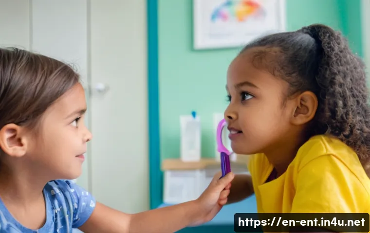 소아 만성 중이염의 치료와 예방 - A warm, detailed scene of a caring pediatrician gently examining a young child&rsquo;s ear in a bright, we...