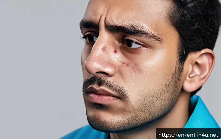 코뼈 골절 증상과 수술 필요성 - A detailed medical illustration of a young adult male with nasal trauma showing visible signs such a...
