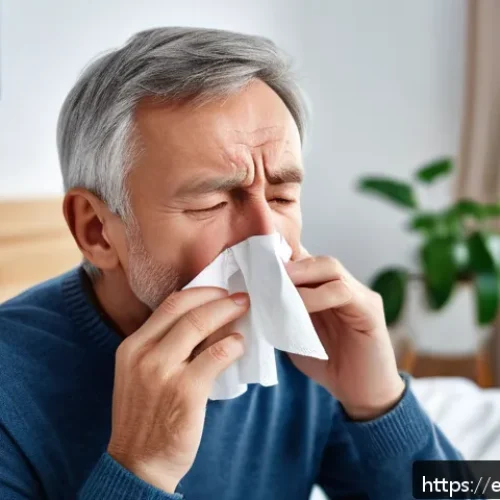 후비루 증상과 치료법 - A detailed medical illustration of a middle-aged person gently blowing their nose with a tissue in a...