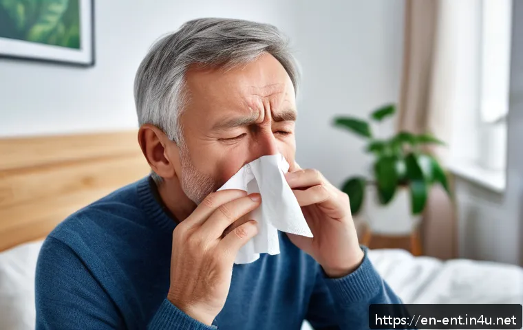 후비루 증상과 치료법 - A detailed medical illustration of a middle-aged person gently blowing their nose with a tissue in a...