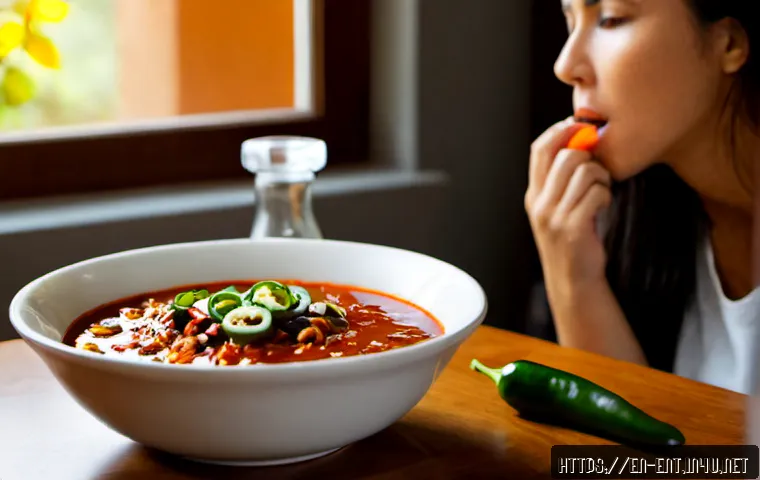 목이 아플 때 피해야 할 음식 - Photorealistic kitchen table scene illustrating foods to avoid with a sore throat: a steaming bowl o...