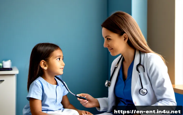 어린이 비염 진단과 약물 사용법 - Photorealistic pediatric clinic consultation, caring female doctor using a stethoscope to examine a ...