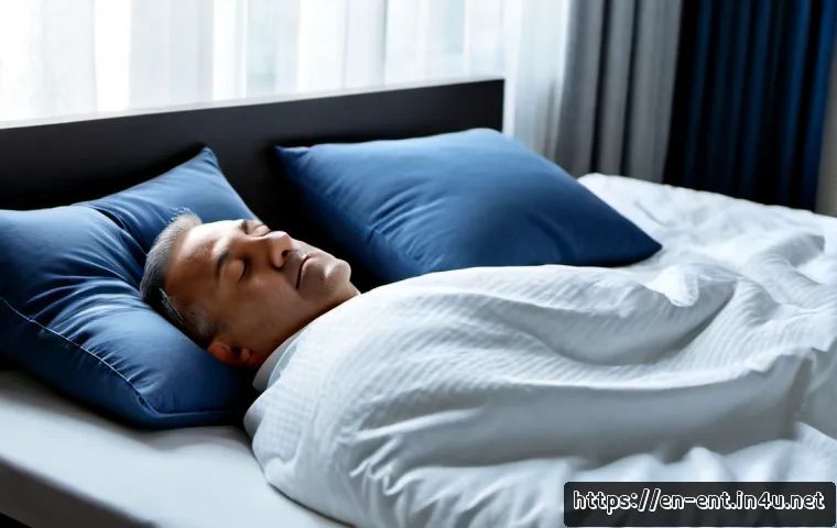 코골이 방지 베개의 효과와 추천 - Photorealistic bedroom scene of a middle-aged man sleeping peacefully on his side with his head prop...