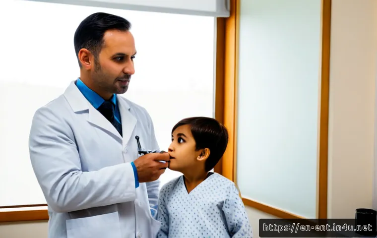 중이염 치료 병원 선택 기준 - Photorealistic family medical clinic consultation, caring pediatric ear specialist in a white coat e...