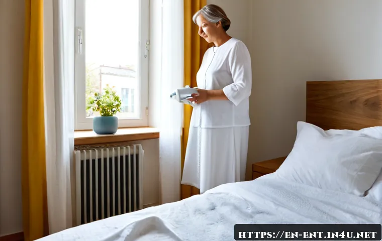 알레르기성 비염 예방과 관리법 - Photorealistic bright bedroom allergy-prevention scene, middle-aged woman calmly changing clean whit...