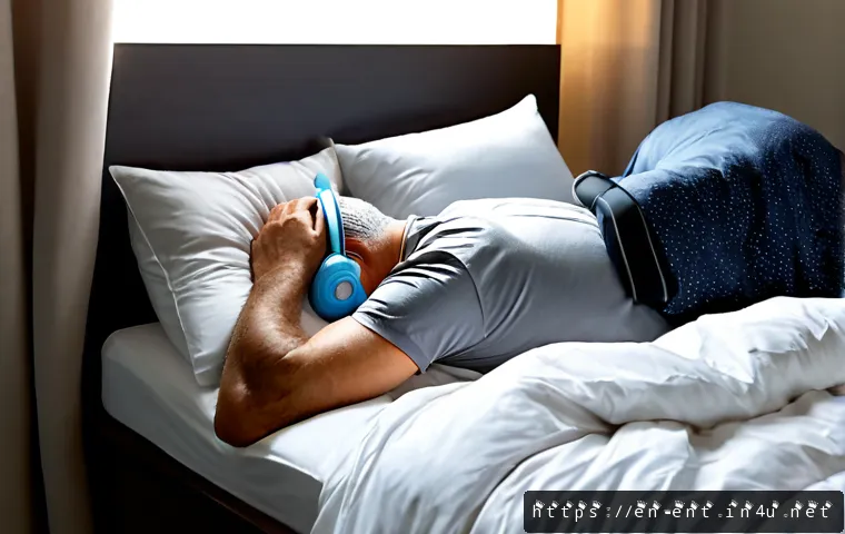 수면 무호흡증 치료 방법과 기기 비교 - Photorealistic bedroom scene of a middle-aged man sleeping comfortably on his side while wearing a d...
